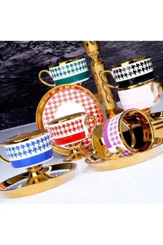 Porcelain 90 Cc 6-Piece Coffee Cup Set with Foot - Mixed - 4