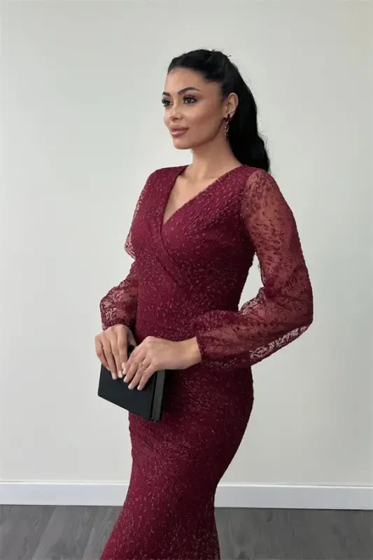 Porloq tül matodan ishlangan kesishgan yoqali baliq shaklidagi ko'ylak - QIZIL - 3