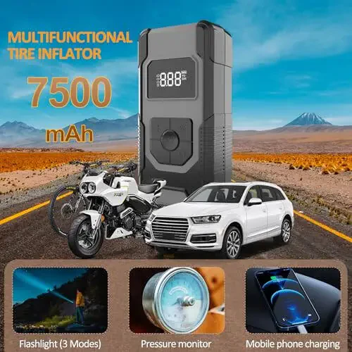 Portable Air Pump for Car Tires, 160PSI Tire Inflator Portable Air Compressor, 4X Car Tire Air Pump Portable with Pressure Gauge & LED Display, Auto Shut-off Air Pump for Car Motorcycle Truck & Ball - 7