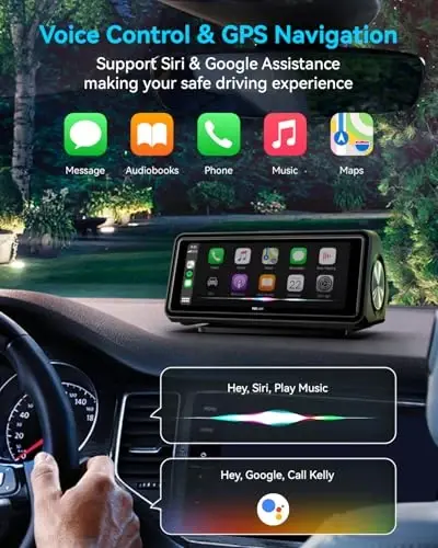 Portable Apple Carplay Screen for Car, Touch Screen with Wireless Android Auto, Car Audio Receivers with Voice Control, Mirror Link, Music Play, GPS Navigation, Built-in Customized Speakers (Black) - 3