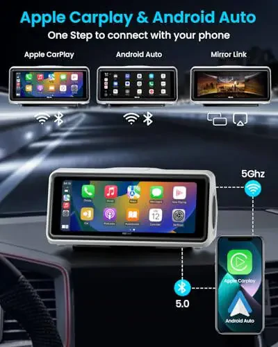 Portable Apple CarPlay Screen for Car, Touch Screen with Wireless Android Auto, Car Audio Receivers with Voice Control, Mirror Link, Music Play, GPS Navigation, Built-in Customized Speakers (White) - 2