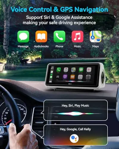 Portable Apple CarPlay Screen for Car, Touch Screen with Wireless Android Auto, Car Audio Receivers with Voice Control, Mirror Link, Music Play, GPS Navigation, Built-in Customized Speakers (White) - 3