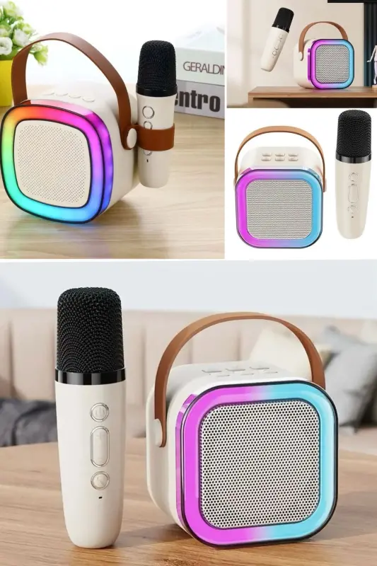 Portable Bluetooth Speaker Wireless Karaoke Christmas Music Entertainment Bluetooth Speaker with Microphone - White - 2