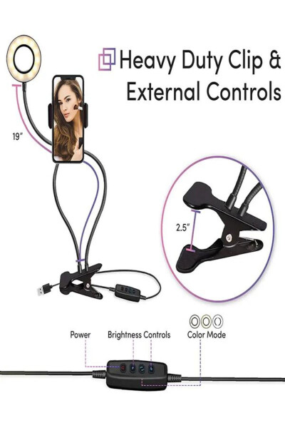 Portable LED Lighted Tablet & Phone Holder Tripod Mini Ring Youtuber Tiktok Makeup Light Clamp - 7