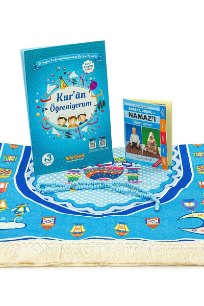 Portable Quran Learning Elif Ba Book Children's Prayer Rug Prayer Set Blue - 4