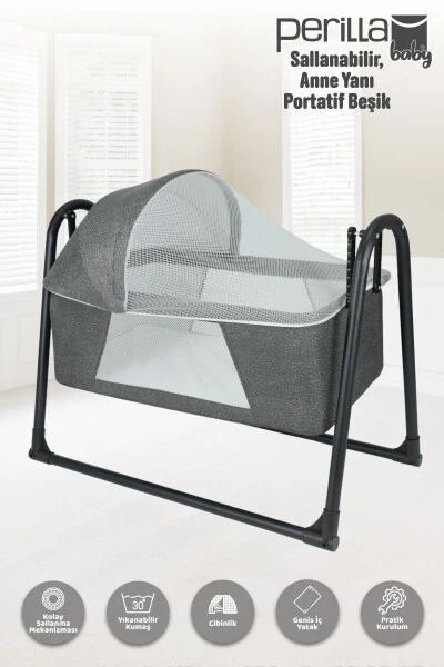Portable Rocking Baby Bassinet with Mosquito Net, Dark Grey - 1