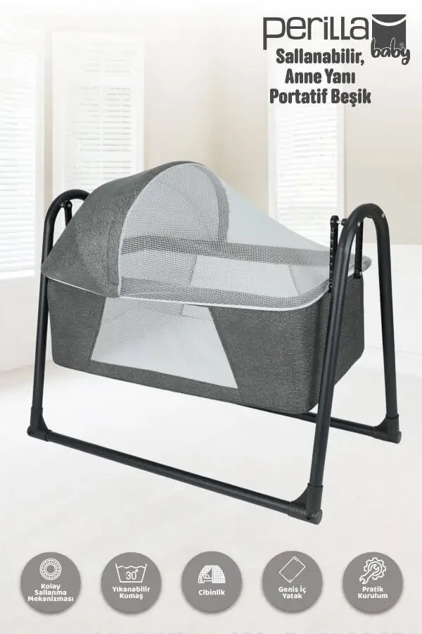 Portable Rocking Baby Bassinet with Mosquito Net, Dark Grey - 1