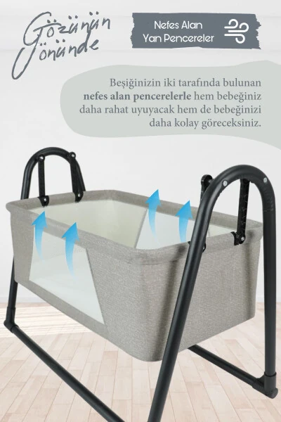 Portable Rocking Baby Bassinet with Mosquito Net, Dark Grey - 3