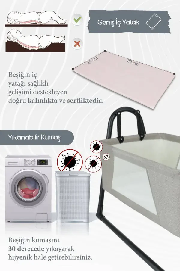 Portable Rocking Baby Bassinet with Mosquito Net, Dark Grey - 4