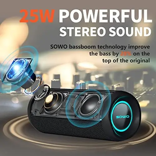 Portable Speaker, Wireless Bluetooth Speaker, IPX7 Waterproof, 25W Loud Stereo Sound, Bassboom Technology, TWS Pairing, Built-in Mic, 16H Playtime with Lights for Home Outdoor - Black - 5