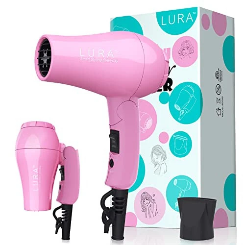 Portable Travel Hair Dryer, Mini Lightweight Dual Voltage Blow Dryer 1200W with Folding Handle, Blowdryer with One Concentrator - LURA