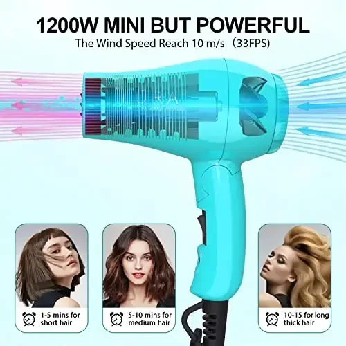 Portable Travel Hair Dryer, Mini Lightweight Dual Voltage Blow Dryer 1200W with Folding Handle, with One Concentrator (Blue) - 3