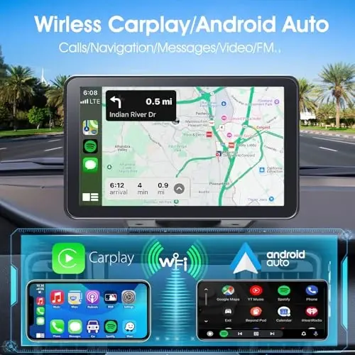 Portable Wireless CarPlay Screen for Car, 7 Inch Double Din Car Stereo for Apple CarPlay & Android Auto, Multimedia Player with Backup Camera, Mirror Link, Navigation Screen for All Vehicles - 1