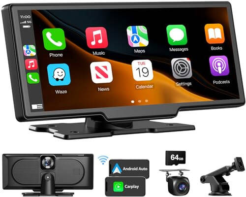 Portable Wireless CarPlay Touchscreen for Car: 4K Apple Carplay & Android Auto Car Play Screen with 4K Dash Cam/1080p Rear Camera/GPS Navigation/Bluetooth/Mirror Link/AirPlay (10.26 in) - 1
