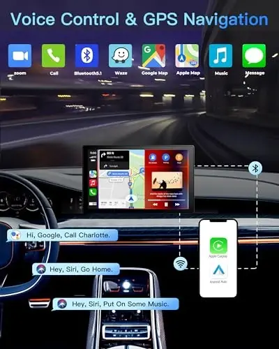 Portable Wireless CarPlay Touchscreen for Car: 4K Apple Carplay & Android Auto Car Play Screen with 4K Dash Cam/1080p Rear Camera/GPS Navigation/Bluetooth/Mirror Link/AirPlay (Black-9IN) - 3