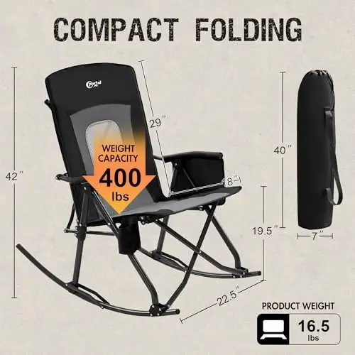 PORTAL Oversized Folding Rocking Camping Chair Portable Outdoor Rocker with High Back Hard Armrests Carry Bag, Supports 400 lbs - 3
