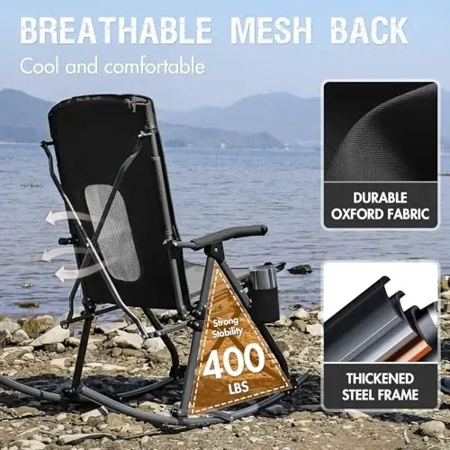 PORTAL Oversized Folding Rocking Camping Chair Portable Outdoor Rocker with High Back Hard Armrests Carry Bag, Supports 400 lbs - 6
