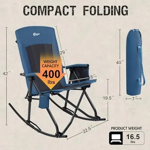 PORTAL Oversized Folding Rocking Camping Chair Portable Outdoor Rocker with High Back Hard Armrests Carry Bag, Supports 400 lbs - 3
