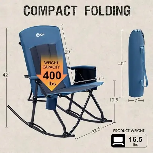 PORTAL Oversized Folding Rocking Camping Chair Portable Outdoor Rocker with High Back Hard Armrests Carry Bag, Supports 400 lbs - 3