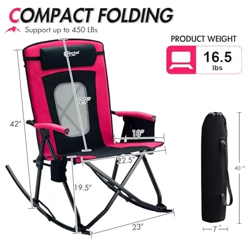 Portal Oversized Folding Rocking Camping Chair Portable 400 lbs | Folding Rocking Camping Chair Portable Outdoor Rocker with High Back Hard Armrests Carry Bag support 400 lbs - 3