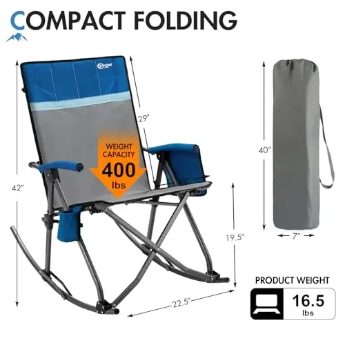 Portal Oversized Folding Rocking Camping Chair Portable 400 lbs | Folding Rocking Camping Chair Portable Outdoor Rocker with High Back Hard Armrests Carry Bag support 400 lbs - 3