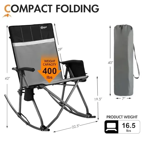 Portal Oversized Folding Rocking Camping Chair Portable 400 lbs | Folding Rocking Camping Chair Portable Outdoor Rocker with High Back Hard Armrests Carry Bag support 400 lbs - 3