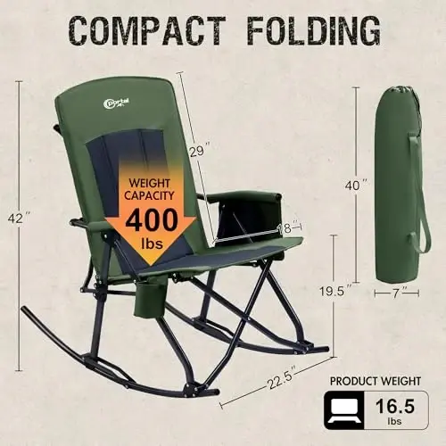 PORTAL Oversized Folding Rocking Camping Chair Portable Outdoor Rocker with High Back Hard Armrests Carry Bag, Supports 400 lbs - 3