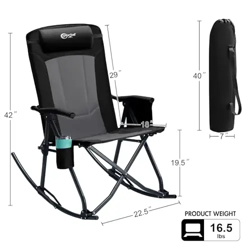 PORTAL Oversized Folding Rocking Camping Chair Portable Outdoor Rocker with High Back Hard Armrests Carry Bag, Supports 400 lbs - 2