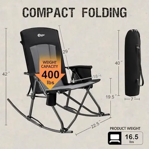 PORTAL Oversized Folding Rocking Camping Chair Portable Outdoor Rocker with High Back Hard Armrests Carry Bag, Supports 400 lbs - 3