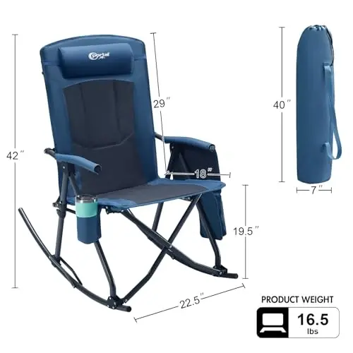 PORTAL Oversized Folding Rocking Camping Chair Portable Outdoor Rocker with High Back Hard Armrests Carry Bag, Supports 400 lbs - 3