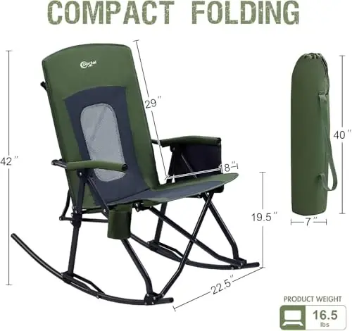 PORTAL Oversized Folding Rocking Camping Chair Portable Outdoor Rocker with High Back Hard Armrests Carry Bag, Supports 400 lbs - 3