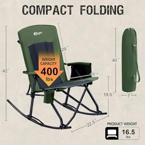 PORTAL Oversized Folding Rocking Camping Chair Portable Outdoor Rocker with High Back Hard Armrests Carry Bag, Supports 400 lbs - 3