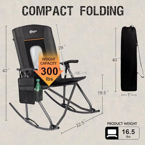 PORTAL Oversized Folding Rocking Camping Chair Portable Outdoor Rocker with High Back Hard Armrests Carry Bag, Supports 400 lbs, Mesh Back, Black - 9