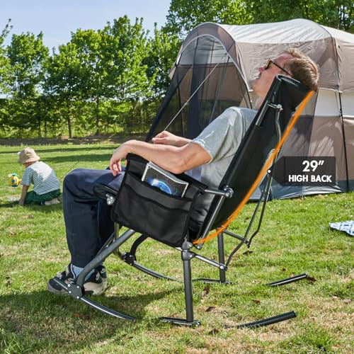 PORTAL Oversized Folding Rocking Camping Chair Portable Outdoor Rocker with High Back Hard Armrests Carry Bag, Supports 400 lbs, Mesh Back, Black - 2