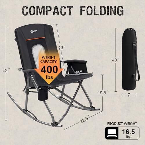 PORTAL Oversized Folding Rocking Camping Chair Portable Outdoor Rocker with High Back Hard Armrests Carry Bag, Supports 400 lbs, Mesh Back, Black - 3