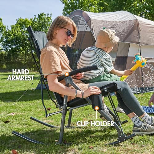 PORTAL Oversized Folding Rocking Camping Chair Portable Outdoor Rocker with High Back Hard Armrests Carry Bag, Supports 400 lbs, Mesh Back, Black - 5