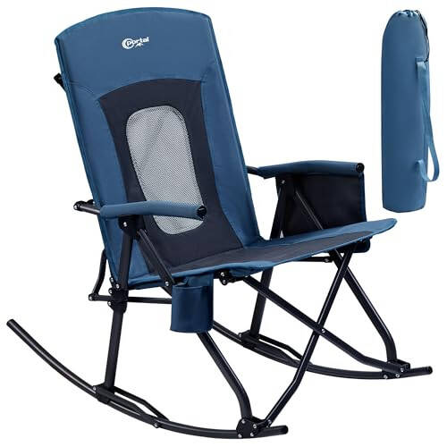 PORTAL Oversized Folding Rocking Camping Chair Portable Outdoor Rocker with High Back Hard Armrests Carry Bag, Supports 400 lbs, Mesh Back, Blue - 1