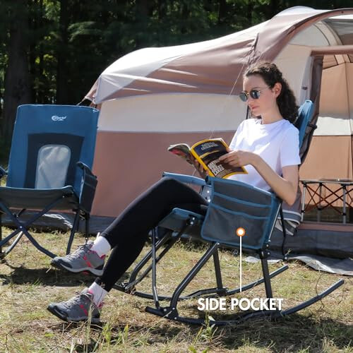 PORTAL Oversized Folding Rocking Camping Chair Portable Outdoor Rocker with High Back Hard Armrests Carry Bag, Supports 400 lbs, Mesh Back, Blue - 2