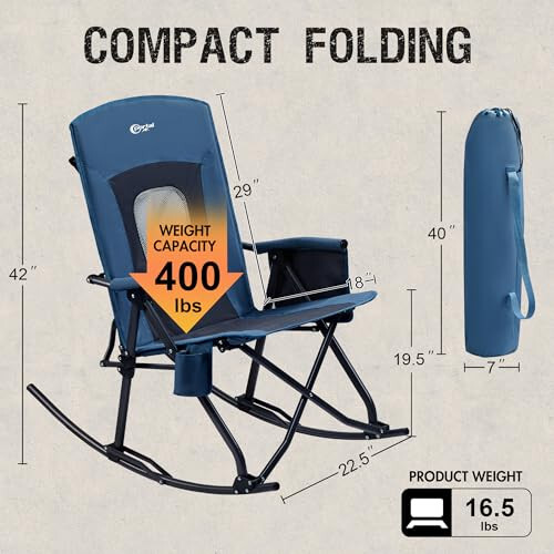 PORTAL Oversized Folding Rocking Camping Chair Portable Outdoor Rocker with High Back Hard Armrests Carry Bag, Supports 400 lbs, Mesh Back, Blue - 3