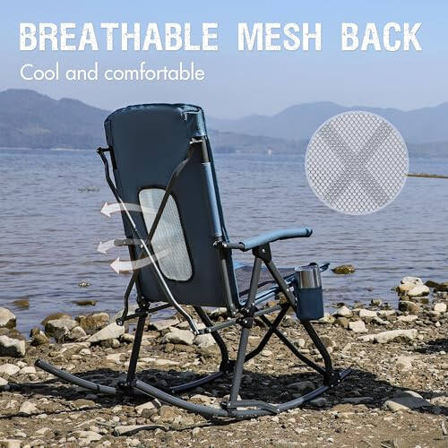 PORTAL Oversized Folding Rocking Camping Chair Portable Outdoor Rocker with High Back Hard Armrests Carry Bag, Supports 400 lbs, Mesh Back, Blue - 5