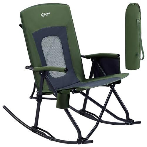 PORTAL Oversized Folding Rocking Camping Chair Portable Outdoor Rocker with High Back Hard Armrests Carry Bag, Supports 400 lbs, Mesh Back, Green - 1