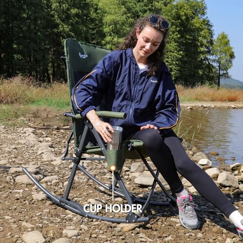 PORTAL Oversized Folding Rocking Camping Chair Portable Outdoor Rocker with High Back Hard Armrests Carry Bag, Supports 400 lbs, Mesh Back, Green - 2