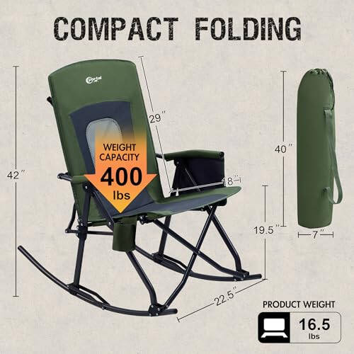 PORTAL Oversized Folding Rocking Camping Chair Portable Outdoor Rocker with High Back Hard Armrests Carry Bag, Supports 400 lbs, Mesh Back, Green - 3