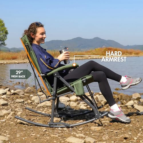 PORTAL Oversized Folding Rocking Camping Chair Portable Outdoor Rocker with High Back Hard Armrests Carry Bag, Supports 400 lbs, Mesh Back, Green - 4