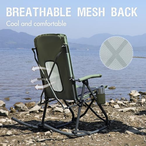 PORTAL Oversized Folding Rocking Camping Chair Portable Outdoor Rocker with High Back Hard Armrests Carry Bag, Supports 400 lbs, Mesh Back, Green - 6