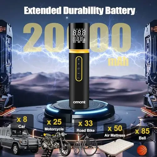 Portativ havo kompressori bilan shinalarni to'ldiruvchi qurilma: 150PSI va 20000mAh simsiz havo pompasi avtomobil shinalari uchun, avtomobil, velosiped, mototsikl va to'plar uchun raqamli bosim o'lchagich bilan tez to'ldiradigan havo kompressori - 6