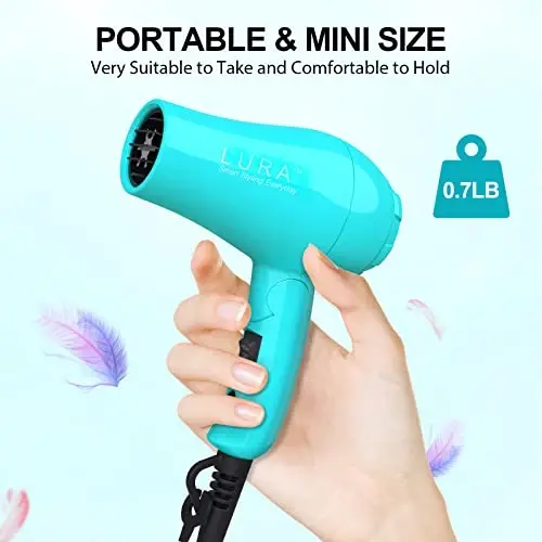 Portativ Sayoxat Soch Quritgichi, Mini Yengil Dual Kuchlanishli Soch Quritgichi 1200W Yig'iladigan Dasta bilan, Bir Konsentrator bilan (Moviy) - 5