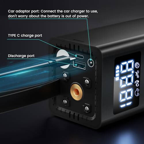 Portativ shinalar kompressori, avtomobil shinalari uchun 150PSI simsiz havo pompasi, bosimni aniqlash bilan 4 baravar tez velosiped shinalari pompasi, avtomobil, mototsikl va koptok uchun havo pompasi (qora). - 3