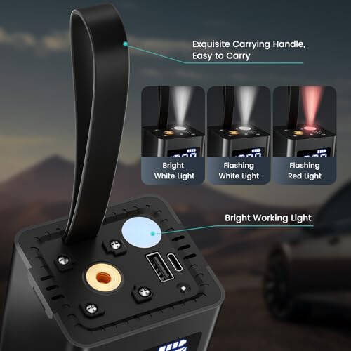 Portativ shinalar kompressori, avtomobil shinalari uchun 150PSI simsiz havo pompasi, bosimni aniqlash bilan 4 baravar tez velosiped shinalari pompasi, avtomobil, mototsikl va koptok uchun havo pompasi (qora). - 4