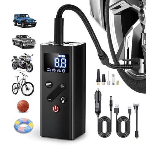 Portativ shinalar kompressori, avtomobil shinalari uchun 150PSI simsiz havo pompasi, bosimni aniqlash bilan 4 baravar tez velosiped shinalari pompasi, avtomobil, mototsikl va koptok uchun havo pompasi (qora). - 5
